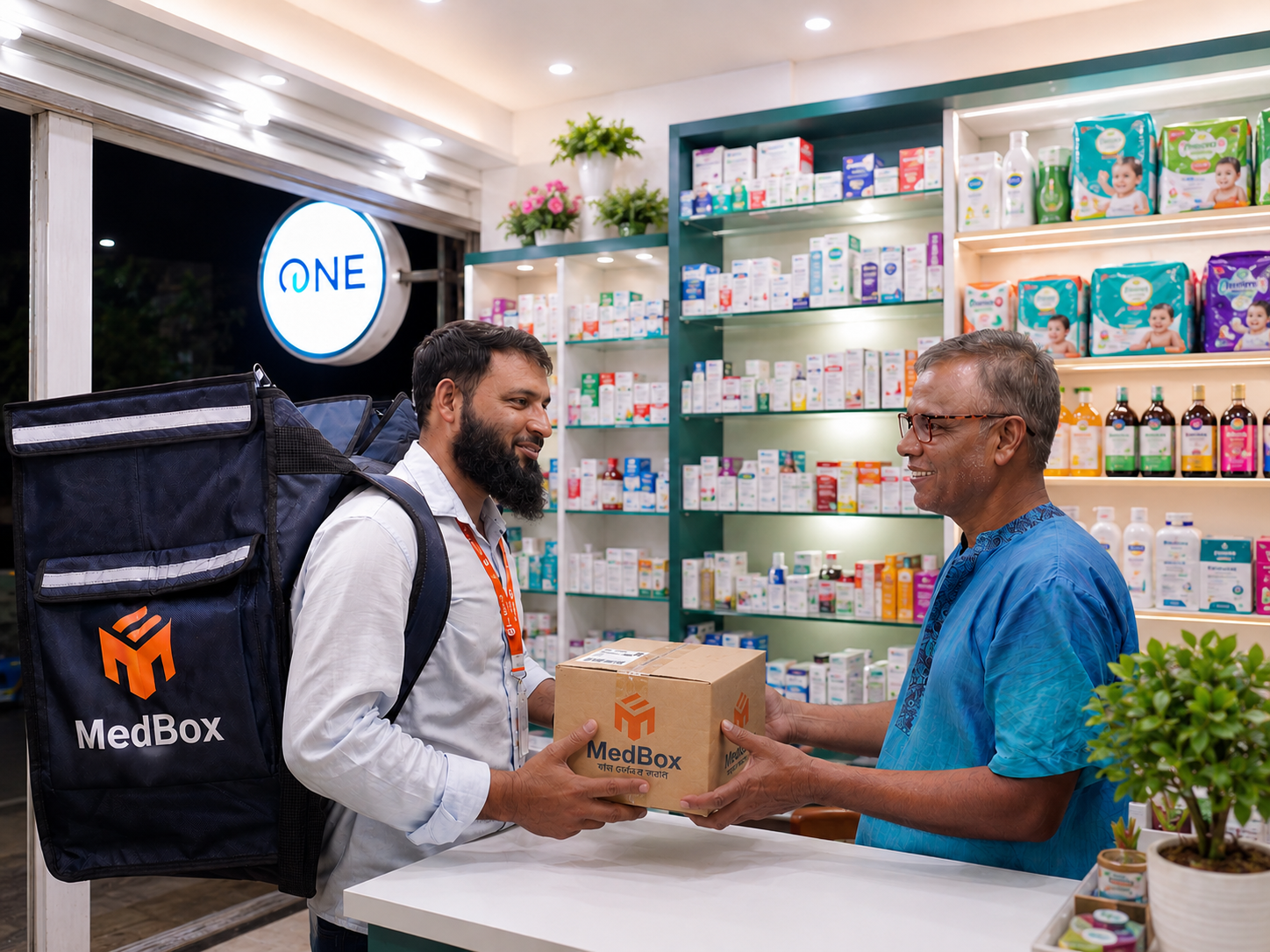 Retail pharmacist receiving products from a PulseTech delivery agent